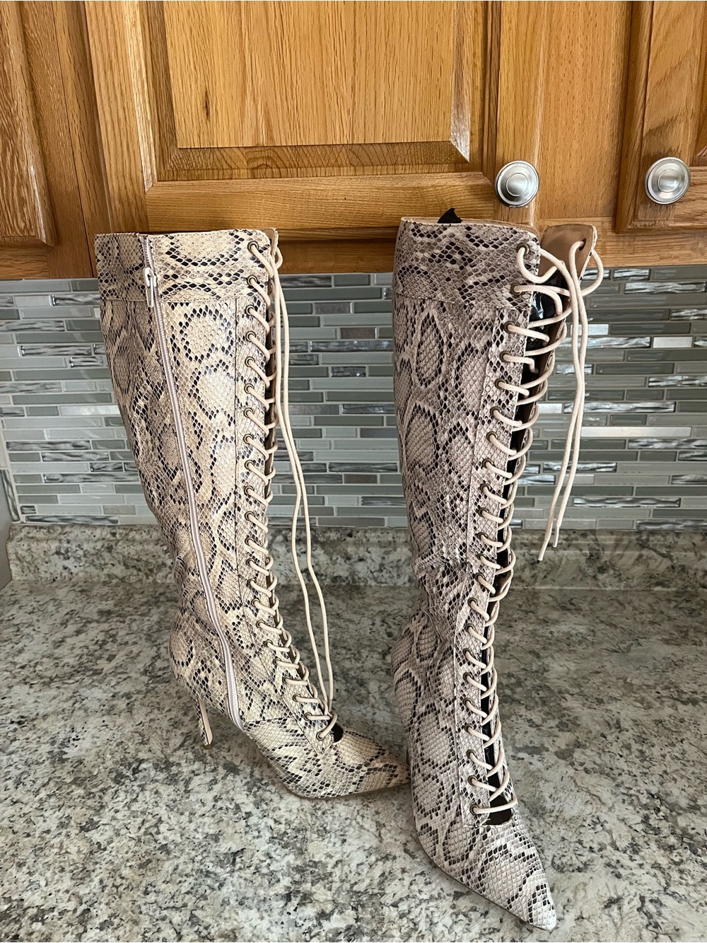 Snake-Print Lace-Up Knee-High Boots in Beige lace up, Susie